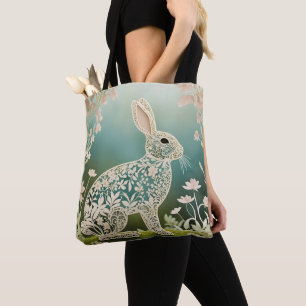 Tote Bag Art du printemps du lapin à fleurs blanches