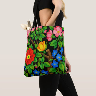Tote Bag Art floral audacieux noir folk