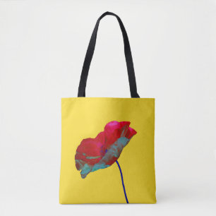 Tote Bag Art floral rouge et bleu pavot imprimé sur jaune