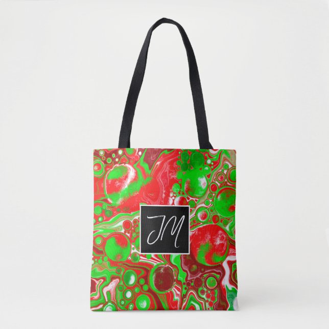 Tote Bag Art Fluide en marbre rouge et vert personnalisé (Devant)
