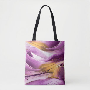 Tote Bag Art fluide, texture dorée lilas marbrée.