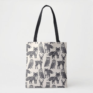 Tote Bag Art folklorique silhouette florale renard, cerf et
