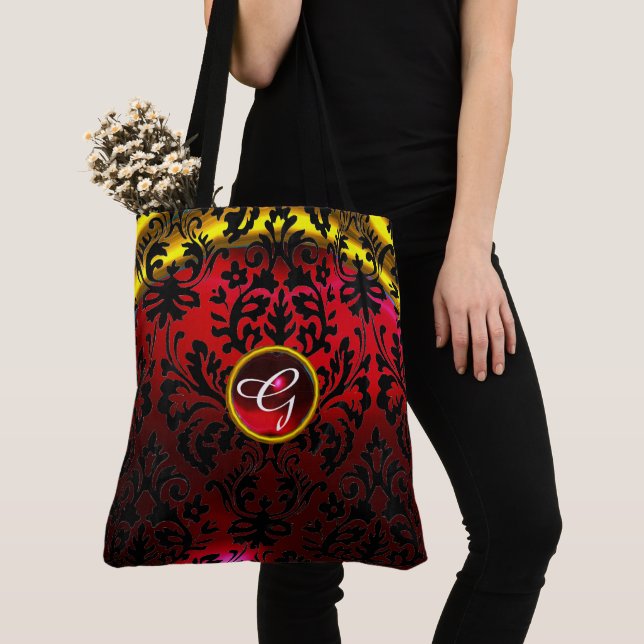 TOTE BAG ART NOUVEAU OR NOIR ROUGE DOMMASQUE MONOGRAM (De près)