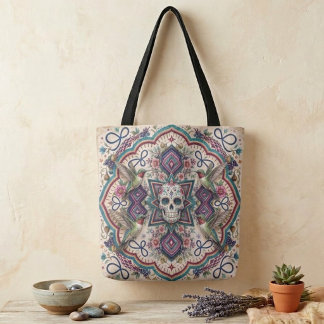 Tote Bag Art populaire Boho Crâne de Sucre