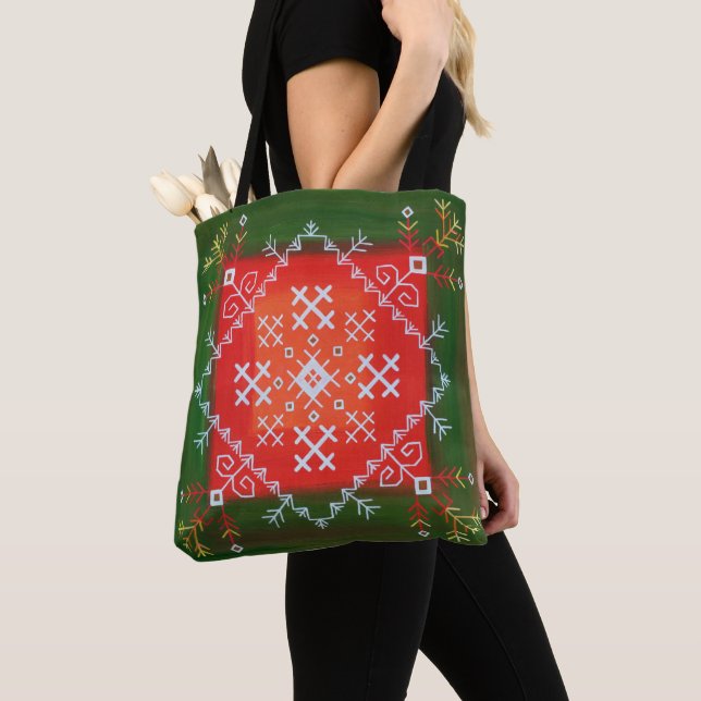 Tote Bag Art populaire letton vintage avec symboles peintur (De près)