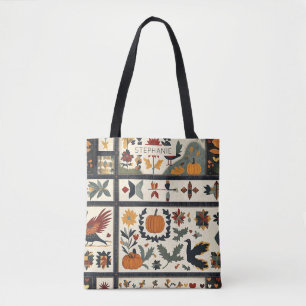 Tote Bag Art populaire Motif de courtepointe d'automne Ré