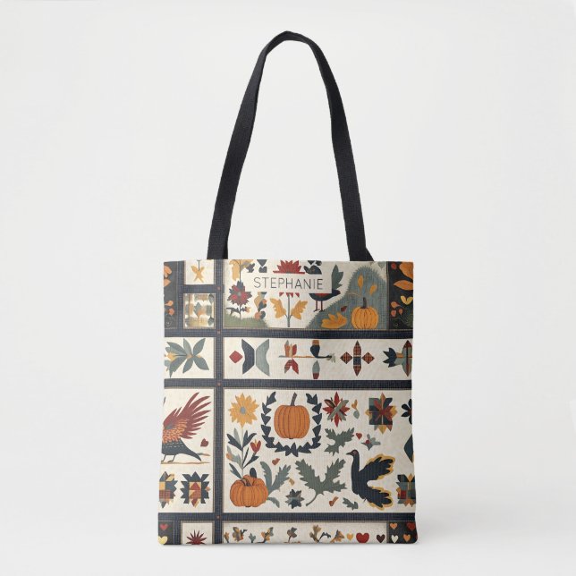 Tote Bag Art populaire Motif de courtepointe d'automne | Ré (Devant)