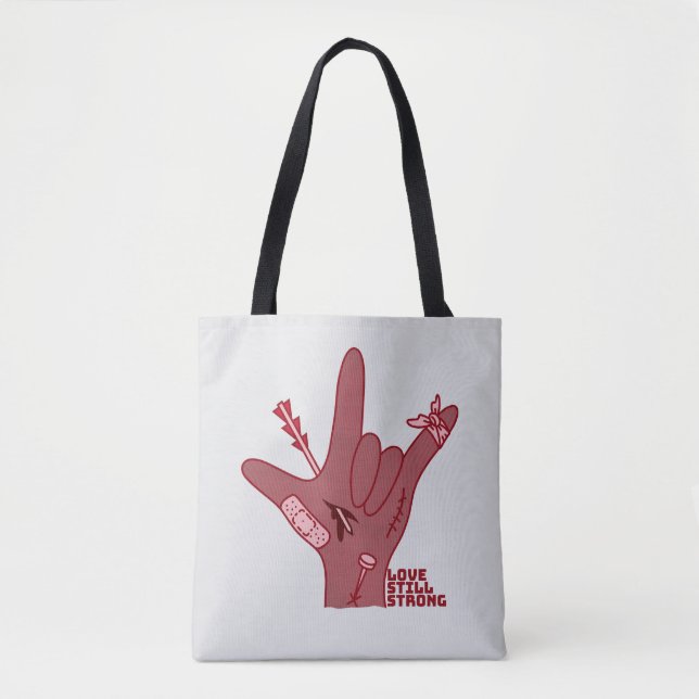 Tote Bag ASL ILY Design - Love Wounded But Still Strong (Devant)