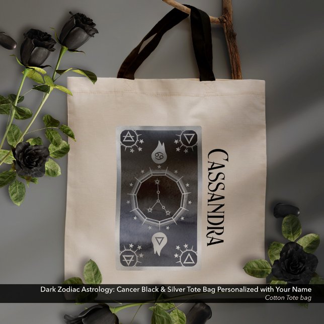 Tote Bag Astrologie Zodiaque foncée : Cancer Noir Nom Argen (Dark Zodiac Astrology: Cancer Black Silver Name Tote Bag)