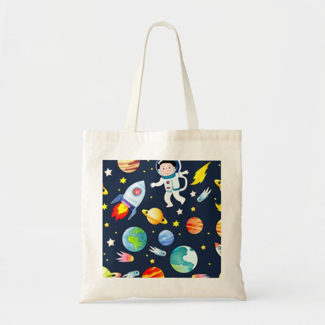 Tote Bag Astronaut in Space Planets and Rockets Pattern (Devant)