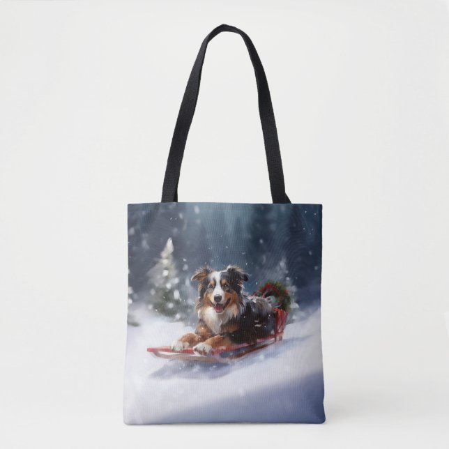 Tote Bag Australian Shepherd hiver neige de Noël (Devant)