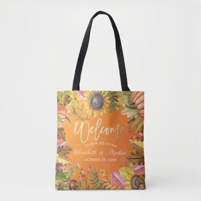 Tote Bag Automne Feuille Citrouille Mariage bois Bienvenue (Devant)