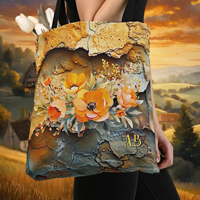 Tote Bag Automne floral Abstrait lunaire (Tote bag featuring a colorful whimsical abstract design with orange flowers - fall - autumn)