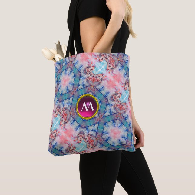 TOTE BAG AVALON MAGIQUE ABSTRAIT AQUA BLEU ROSE GEM MONOGRA (De près)
