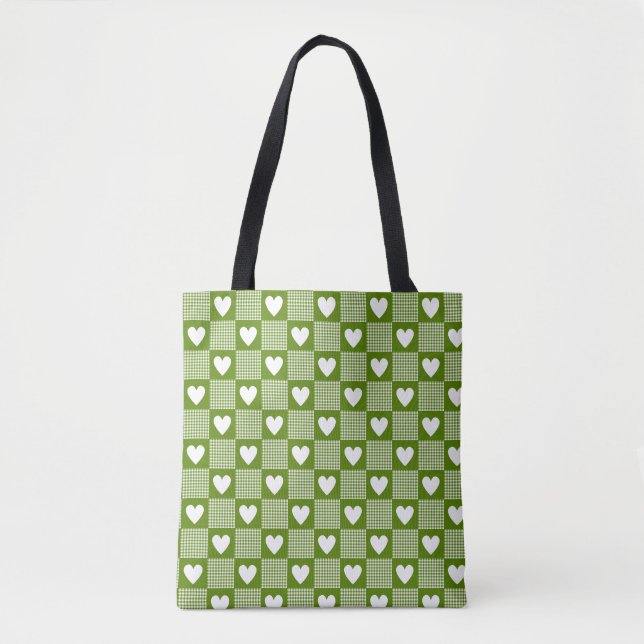 Tote Bag Avocado Green Gingham Heart Plaid (Devant)