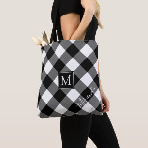 Tote Bag B&W Buffalo Check Plaid Monogramme Nom