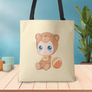 Tote Bag Baby Boy Girl Bear Jumpsuit on Yellow
