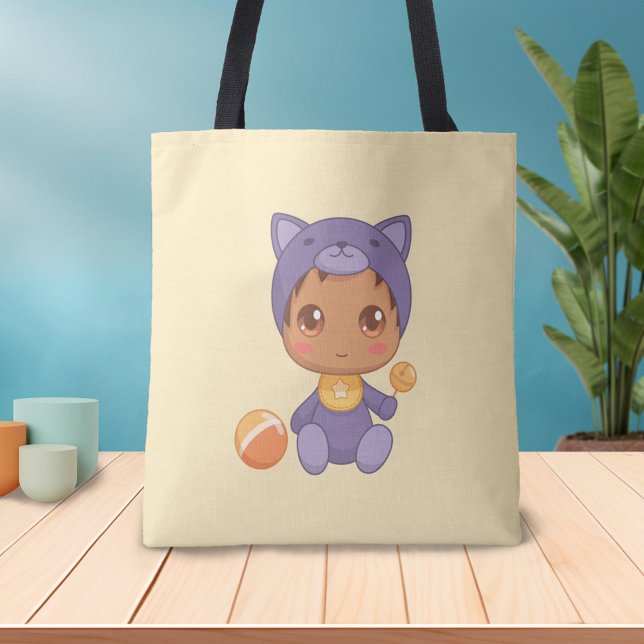 Tote Bag Baby Boy Girl Purple Chat Jumpsuit sur Jaune (Créateur téléchargé)