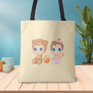 Tote Bag Baby Girl Twins Bear Jumpsuit on Yellow