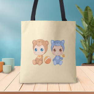Tote Bag Baby Twins Bear Chat Jumpsuit sur Jaune