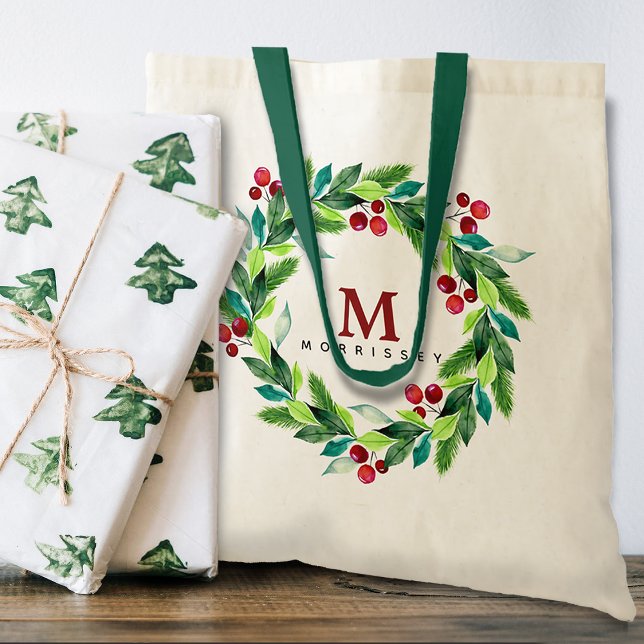 Tote Bag Baies d'aquarelle et monogramme de couronne (Créateur téléchargé)