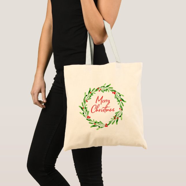 Tote Bag Baies d'aquarelle et verdure Noël de la couronne (Devant (produit))