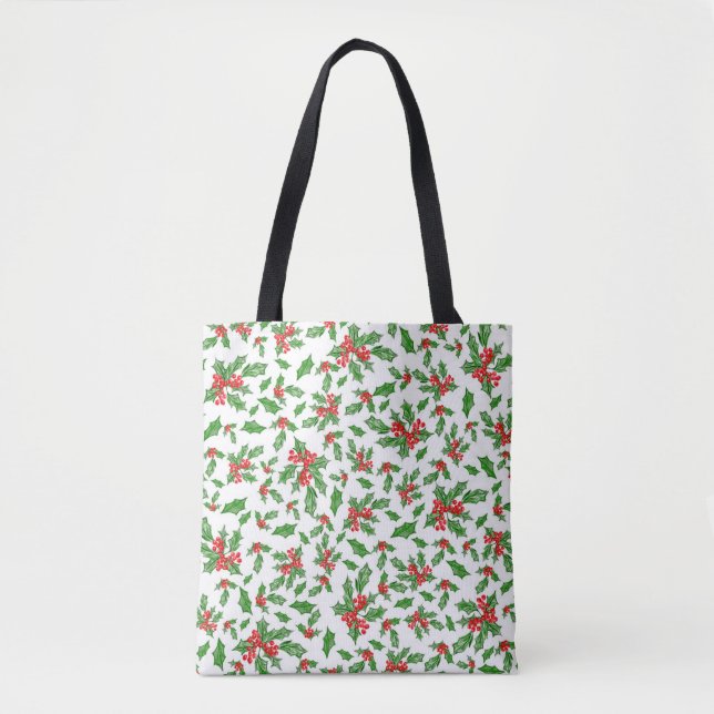 Tote Bag Baies rouges feuilles vertes de Noël (Devant)