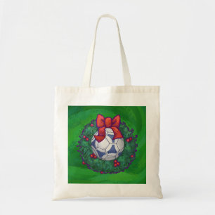 Tote Bag Bal de soccer blanc et bleu sur vert
