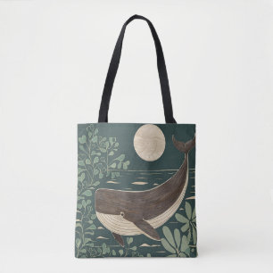 Tote Bag Baleine vintage japonaise de Linocut dans l'océan