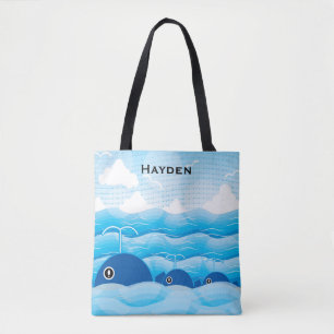 Tote Bag Baleines et vagues Bleu Océan Personnalisé