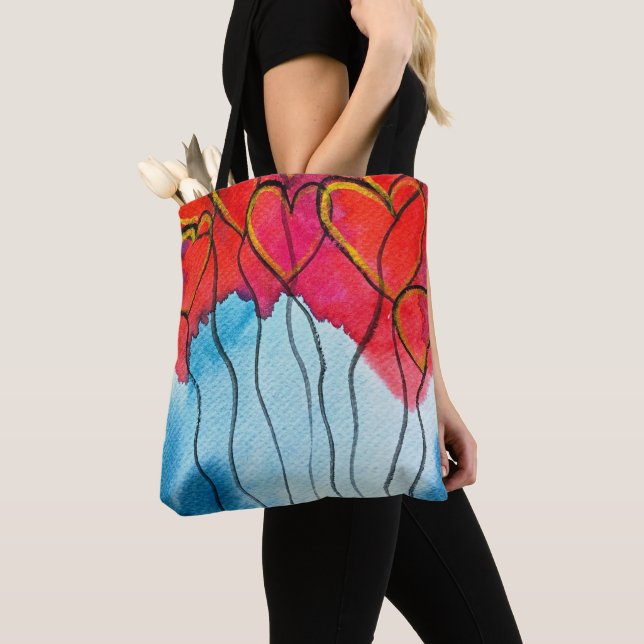 Tote Bag Ballons de coeur rouge Valentine aquarelle (De près)