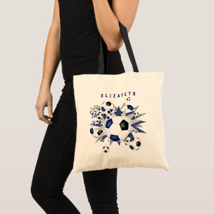 Tote Bag Ballons de football noir bleu étoiles filles nom s
