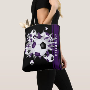 Tote Bag Ballons de football noir violet étoiles nom du fan