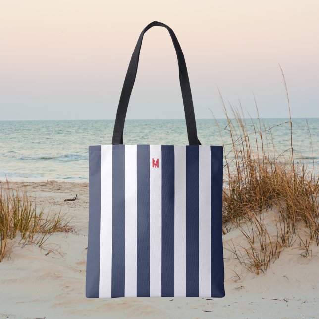 Tote Bag Bande de cabane marine et monogramme rouge personn (Créateur téléchargé)