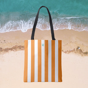 Tote Bag Bande de cabane orange et monogramme Turquoise per