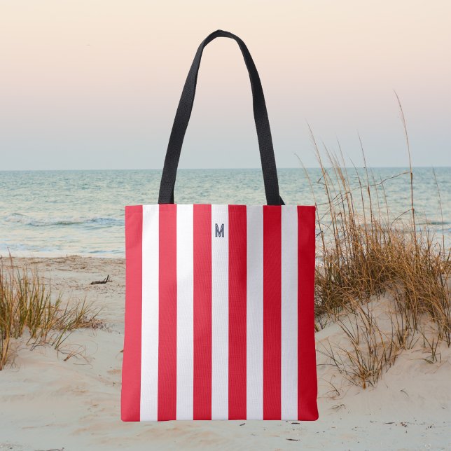 Tote Bag Bande de cabane rouge et monogramme de marine pers (Créateur téléchargé)