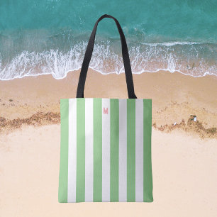 Tote Bag Bande de cabane verte et monogramme rose personnal