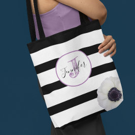 Tote Bag Bande noire et anémone monogramme personnalisé