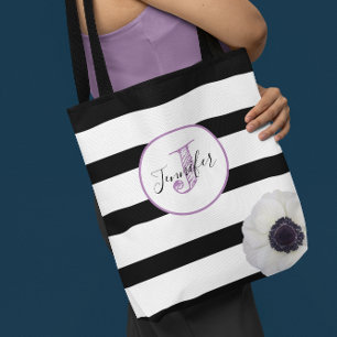Tote Bag Bande noire et anémone monogramme personnalisé