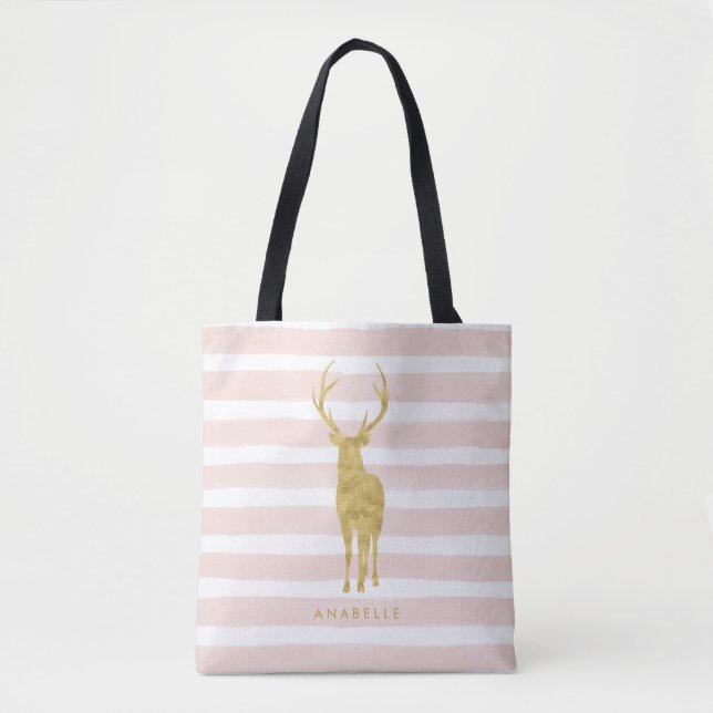 Tote Bag Bandes d'aquarelle rose et Faux Gold Deer (Devant)