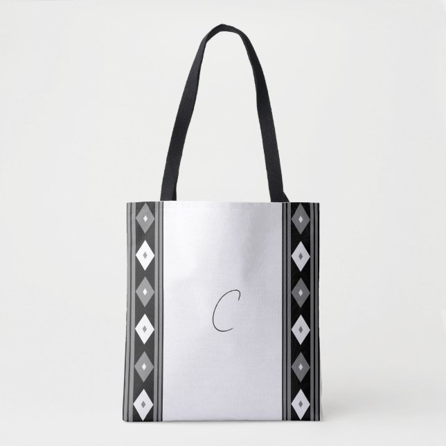 Tote Bag Bandes de monogramme noir et blanc et diamant (Devant)