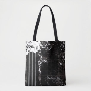 Tote Bag Bandes florales noires et blanches