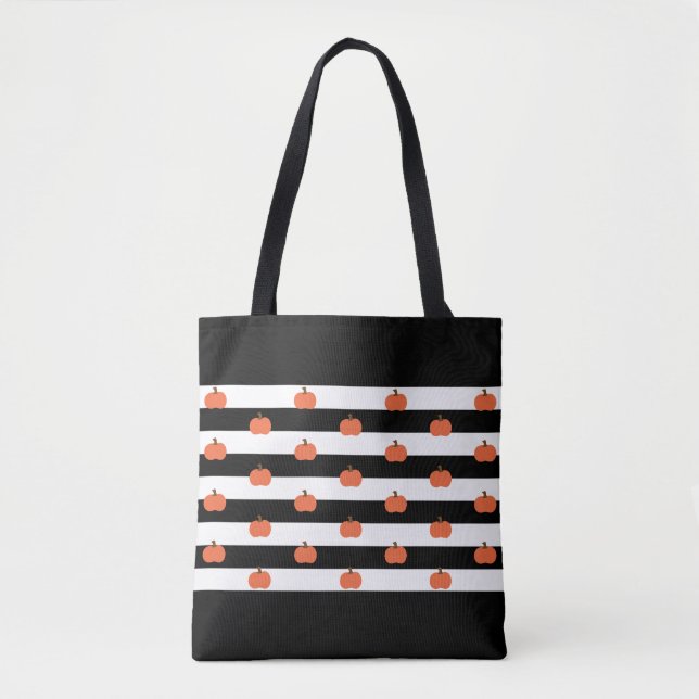 Tote Bag Bandes noires et blanches avec Citrouilles - Hallo (Devant)