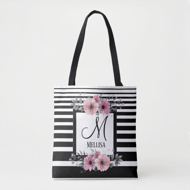 Tote Bag Bandes noires et blanches Monogramme floral rose (Devant)