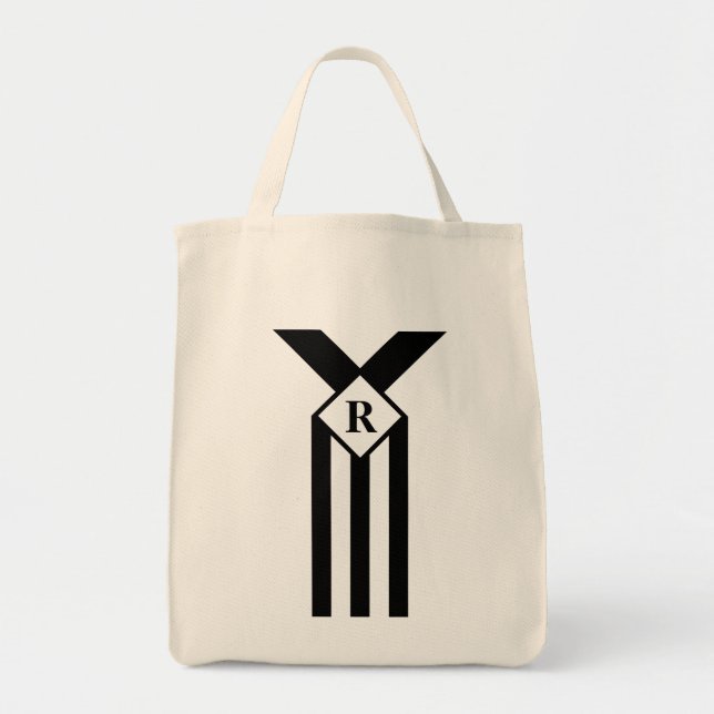 Tote Bag Bandes noires et Chevrons avec Monogramme sur blan (Devant)