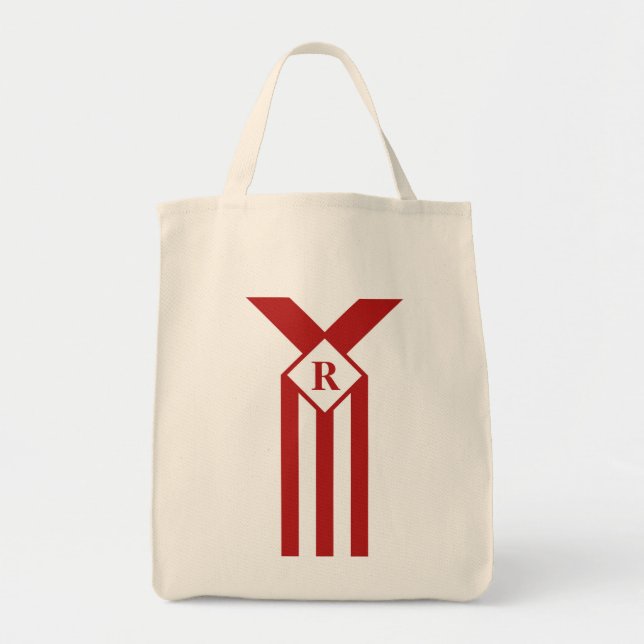 Tote Bag Bandes rouges et Chevrons avec Monogramme sur blan (Devant)