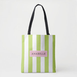 Tote Bag Bandes vertes, Lignes, Motif rayé, Votre Nom