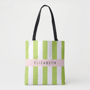 Tote Bag Bandes vertes, Lignes, Motif rayé, Votre Nom