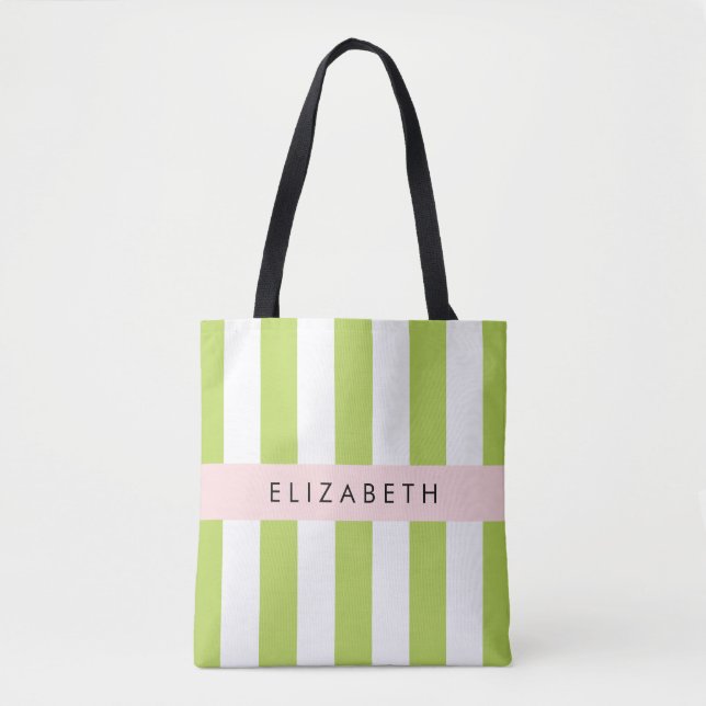 Tote Bag Bandes vertes, Lignes, Motif rayé, Votre Nom (Devant)