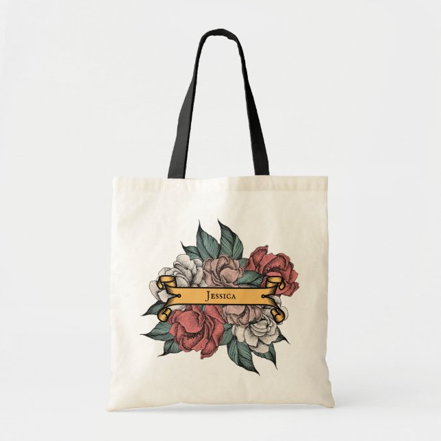 Tote Bag Bannière Florale Russe Rose tatouage Art (Devant)